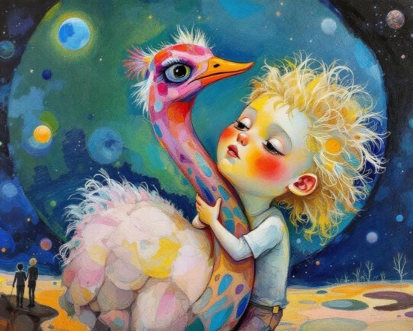 Child Embracing Oversized Ostrich in Dreamlike Landscape