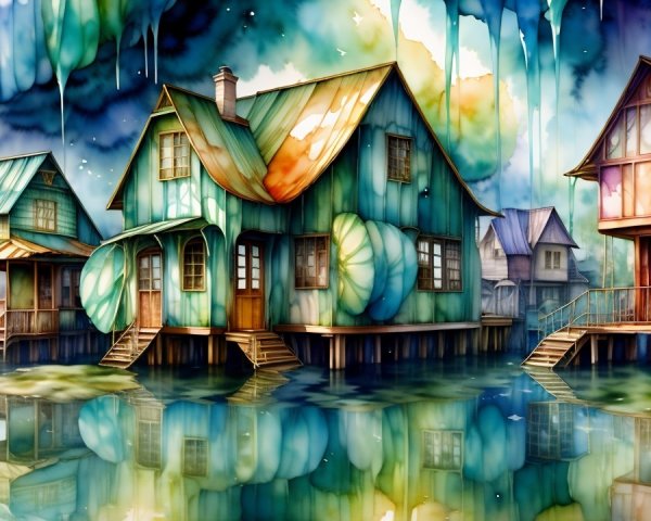 Whimsical Stilt Houses Above Reflective Water Surface