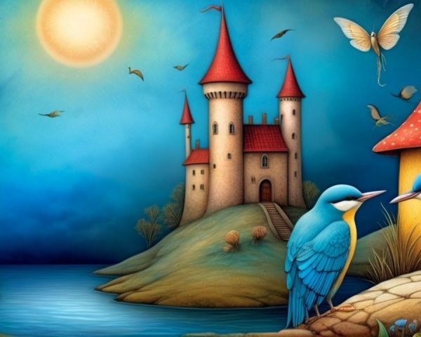 Whimsical Landscape with Castle and Colorful Birds