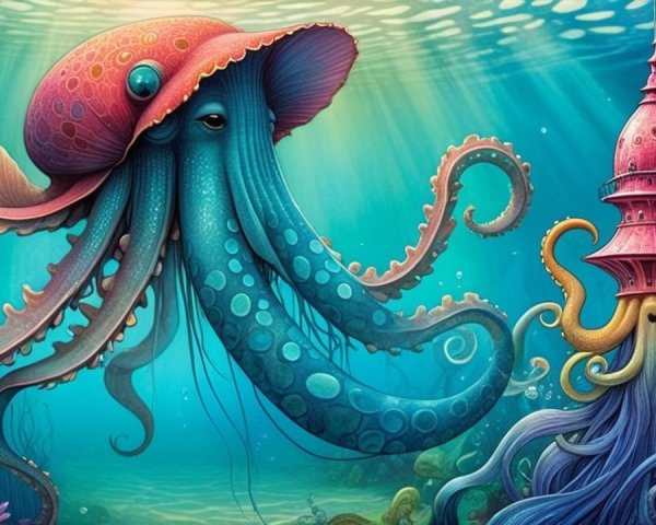 Vibrant Jellyfish and Octopus in Underwater Landscape