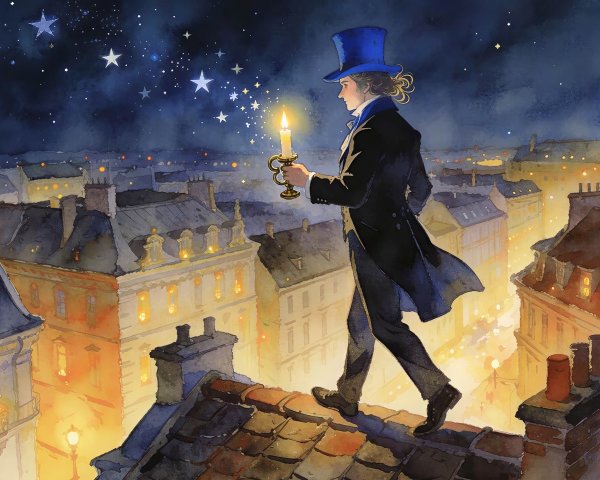 Whimsical Watercolor of Man in Top Hat at Night