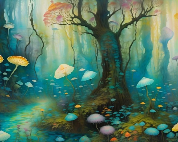 Mystical forest scene with vibrant colors and light