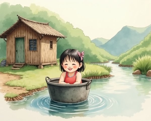 Cheerful girl in metal tub on serene river scene