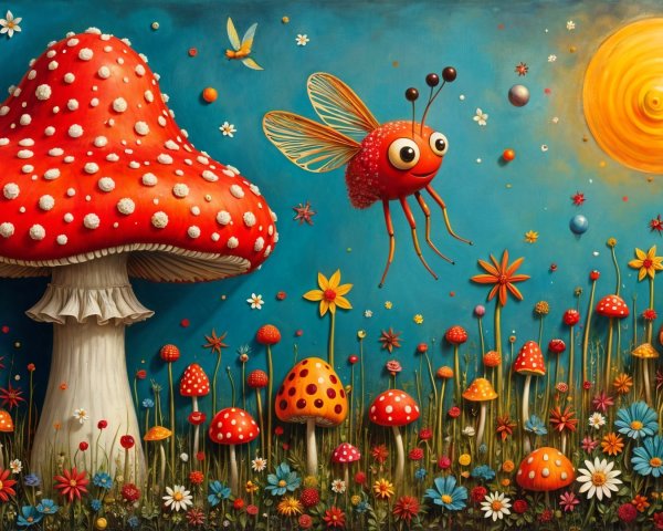 Colorful Mushroom Scene with Cartoon Insect and Flowers