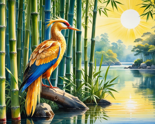 Vibrant Bird with Golden Plumage by Tranquil Lake
