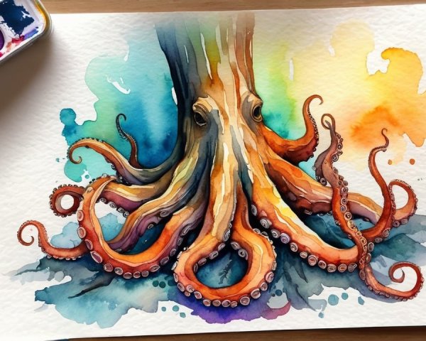 Watercolor Artwork of Octopus and Stylized Tree