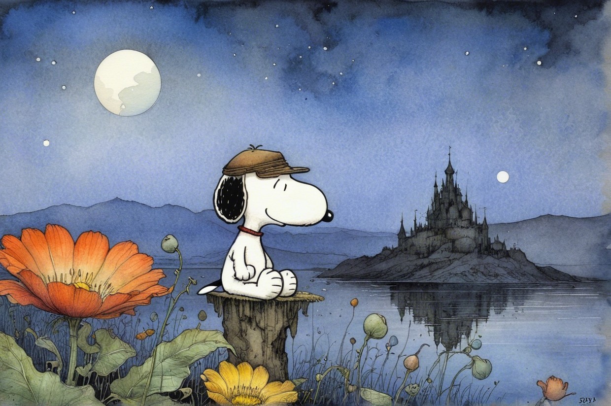 Twilight Scene of Snoopy on Stump with Castle View