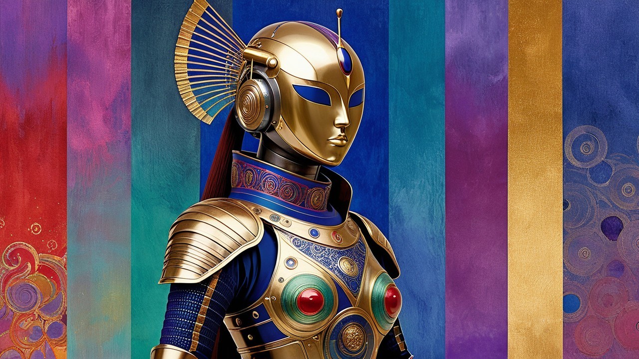 Futuristic Humanoid Figure with Colorful Stripes Background