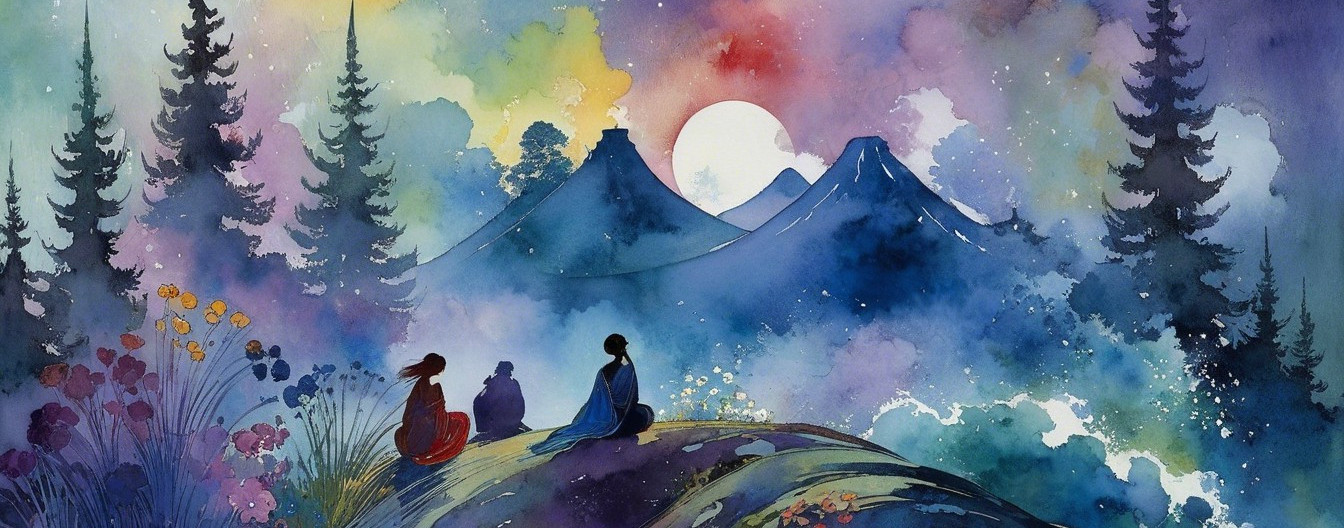 Watercolor Landscape of Twilight with Silhouetted Figures