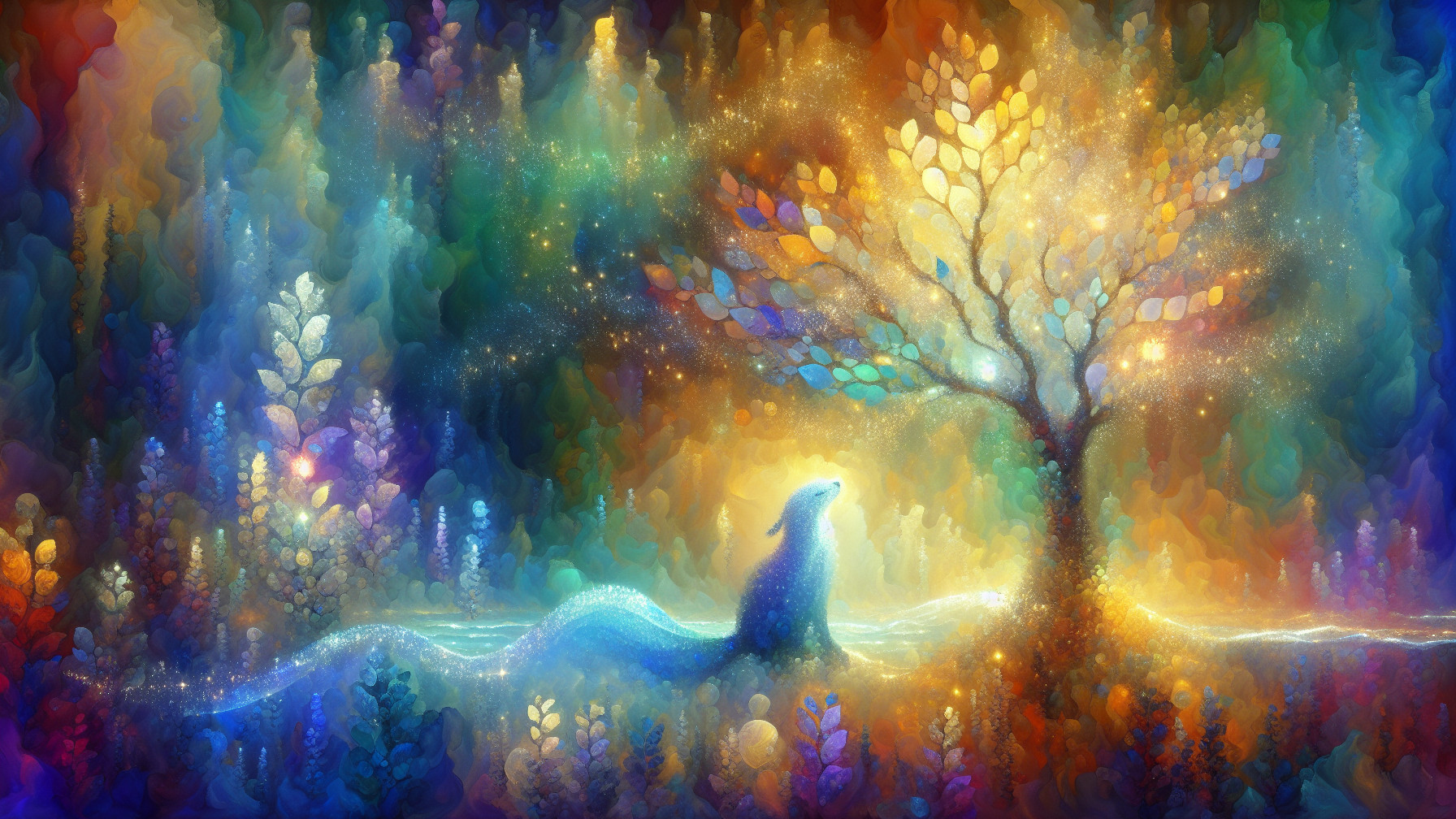Mystical Creature in Dreamlike Colorful Landscape