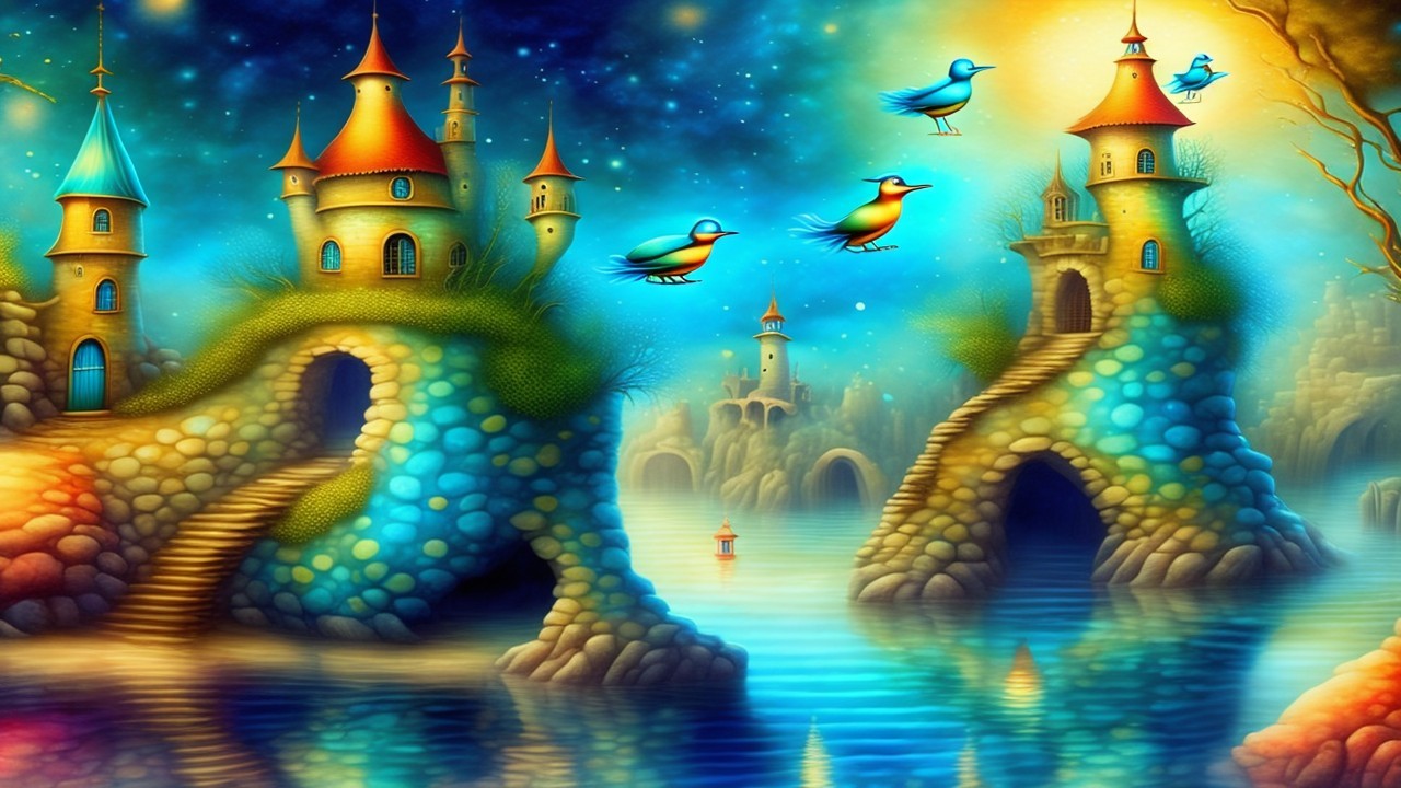 Vibrant Fantasy Landscape with Colorful Towers and Water