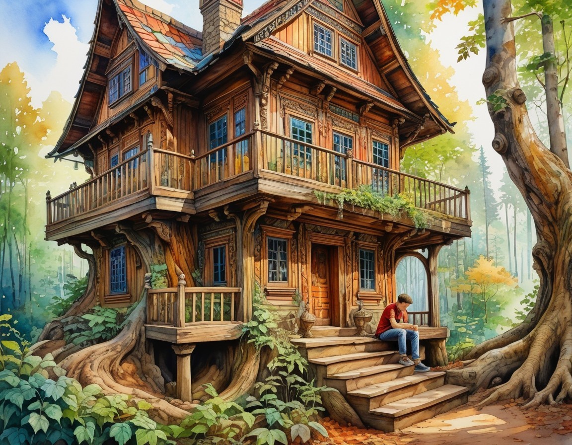 Whimsical Wooden House in Vibrant Forest Setting