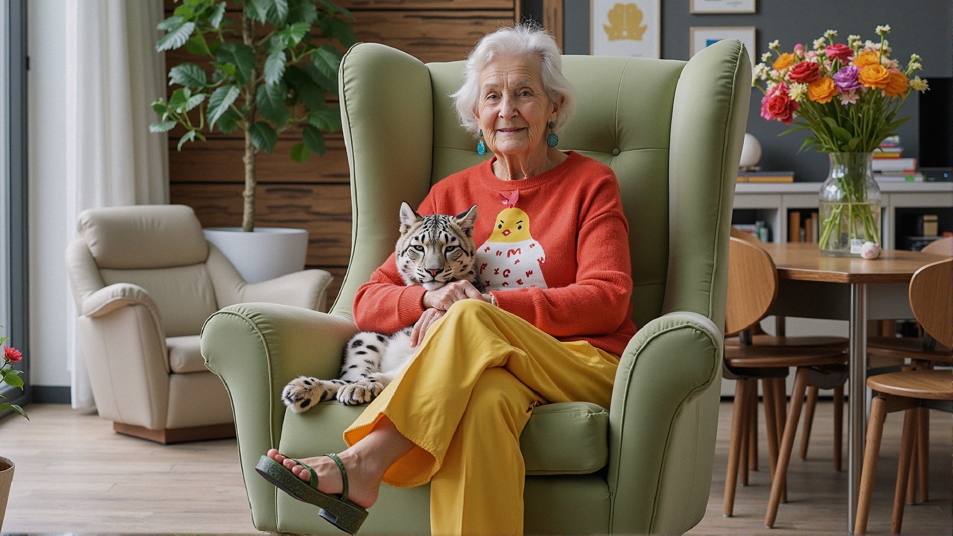 Elderly Woman in Colorful Outfit with Plush Snow Leopard