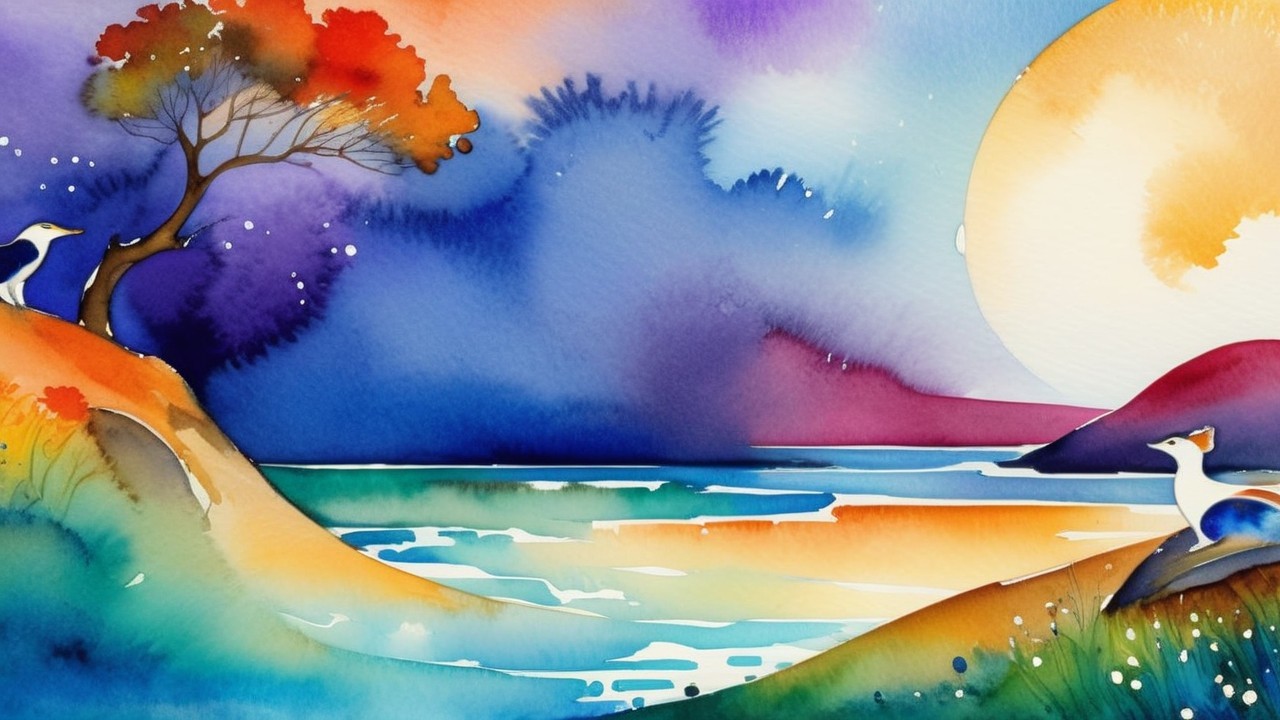 Vibrant Watercolor Landscape with Rolling Hills and Birds