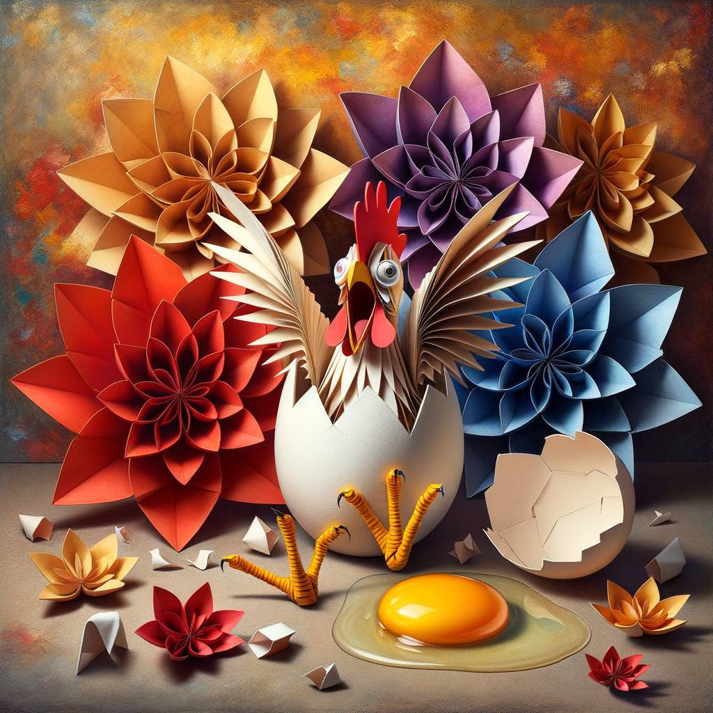 Colorful Paper Rooster and Flowers in Vibrant Scene