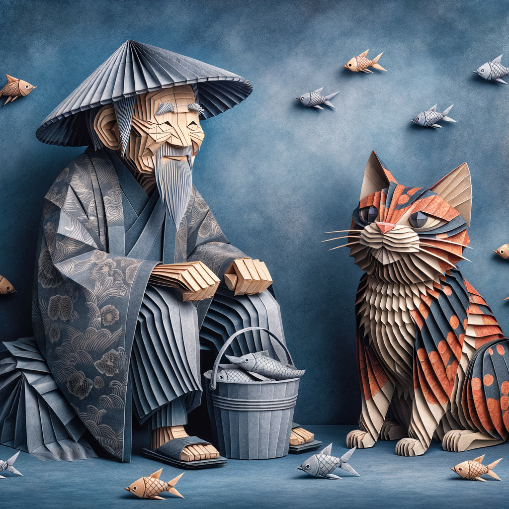 Paper Art Scene of Elderly Man and Cat with Fish