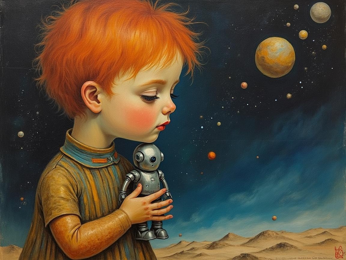 Child with red hair and robot toy in starry scene