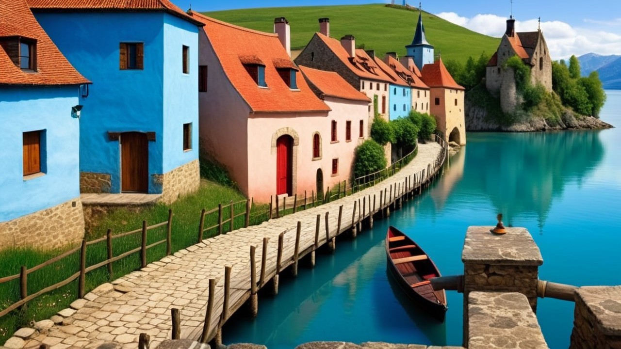 Colorful Houses by a Serene Waterfront Scene