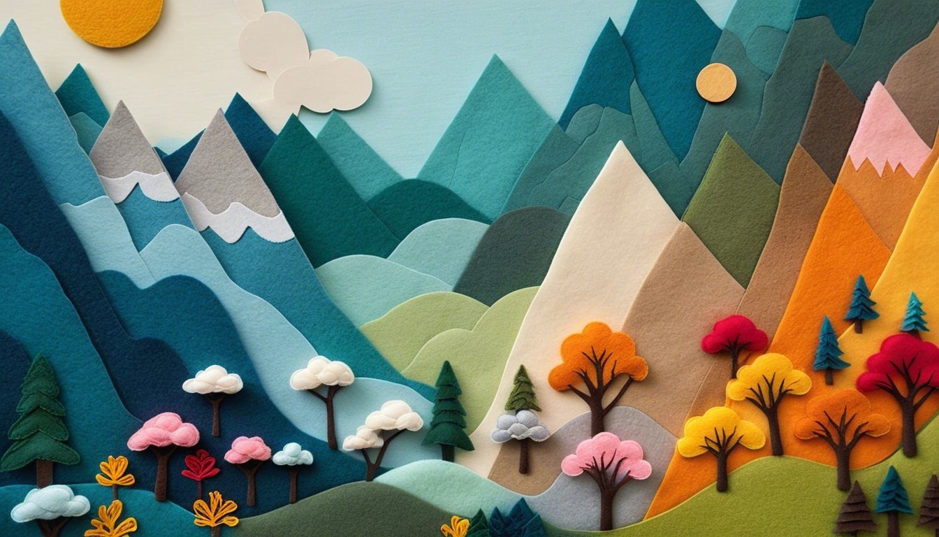 Colorful Felt Landscape with Layered Mountains and Trees
