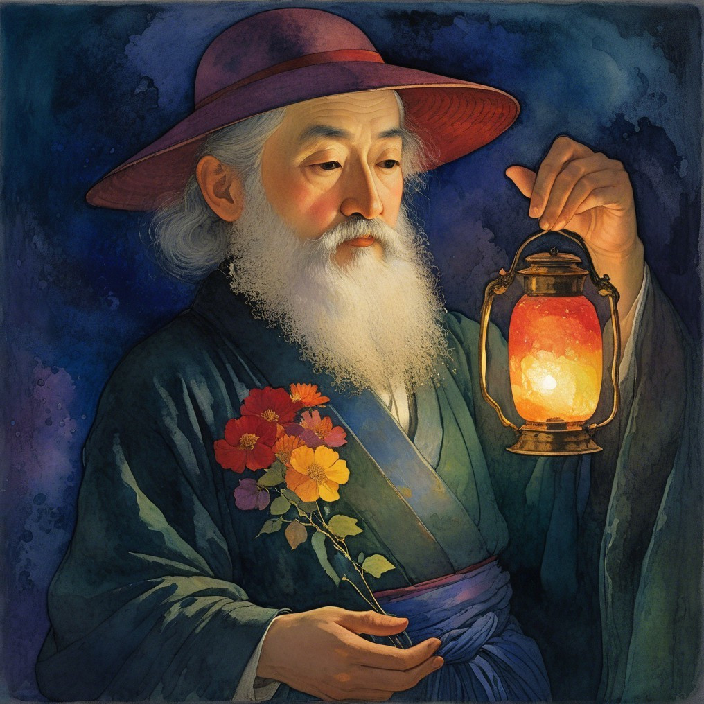 Elderly man with lantern and flowers in dark setting