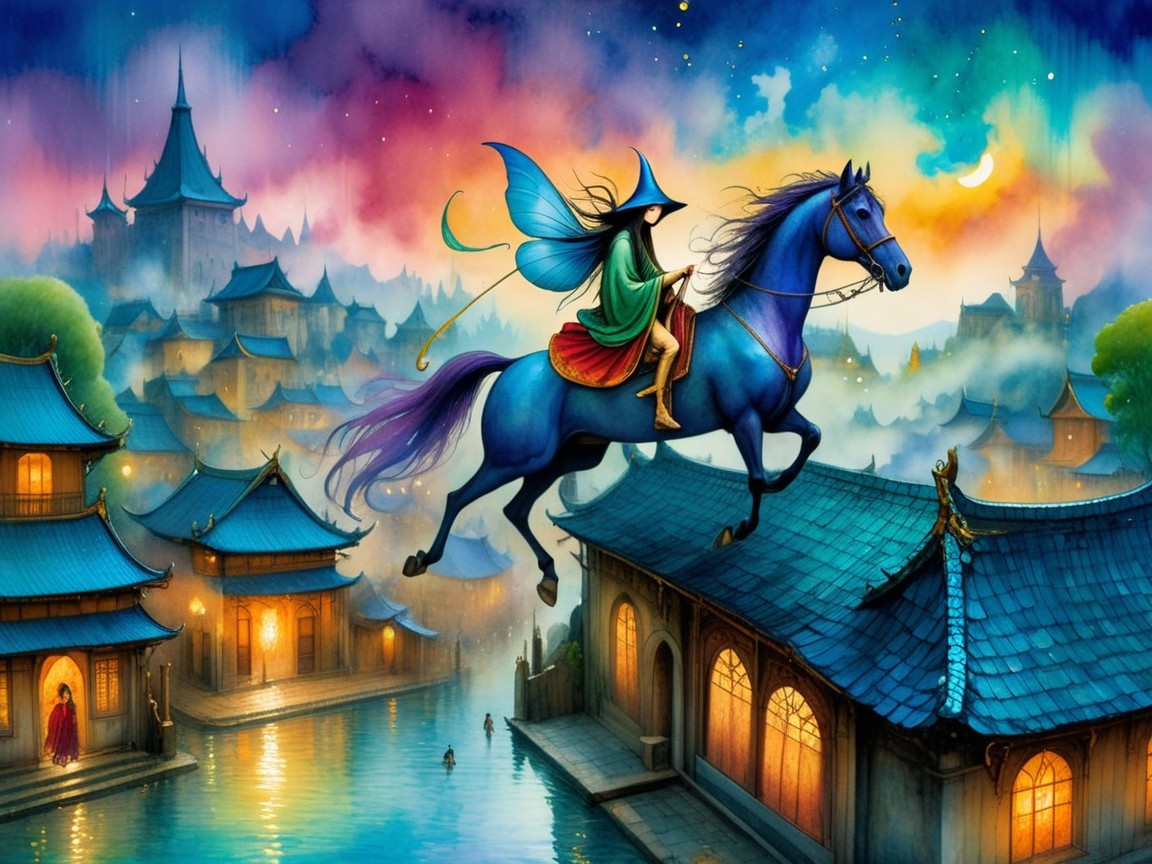 Fairy on Blue Horse Over Tranquil Village at Dusk