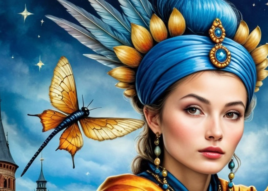 Young Woman in Blue and Gold Headdress with Butterfly