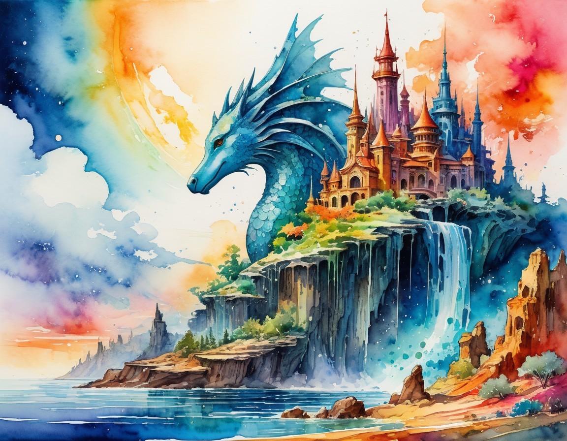 Majestic dragon overlooking a colorful castle scene