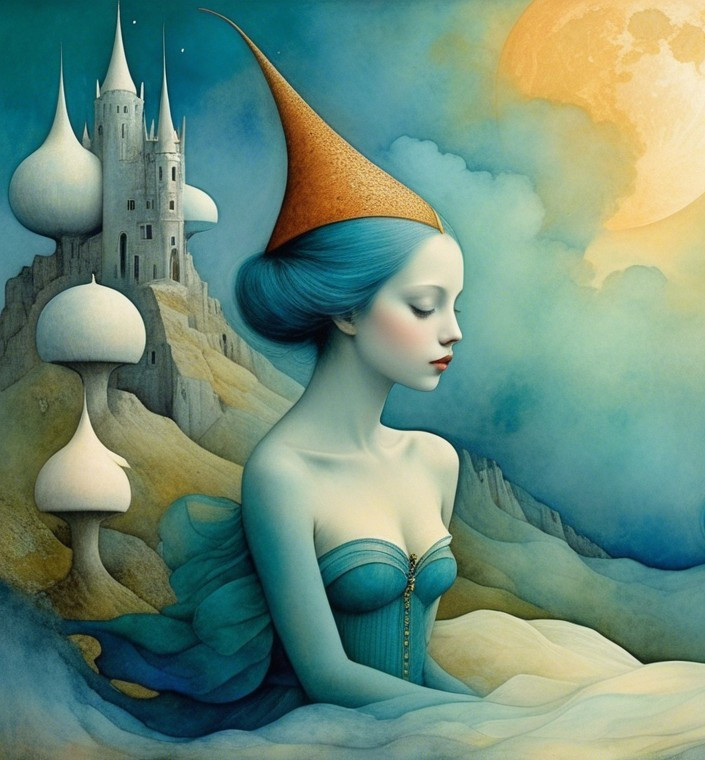 Serene figure with blue skin in a whimsical landscape