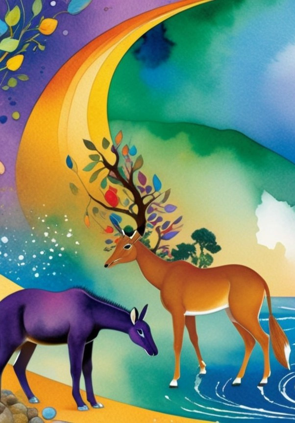 Vibrant Illustration of Deer and Horse in Nature Scene