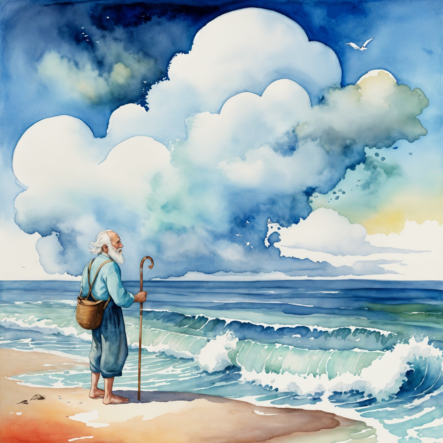Elderly man on beach with cane and woven basket