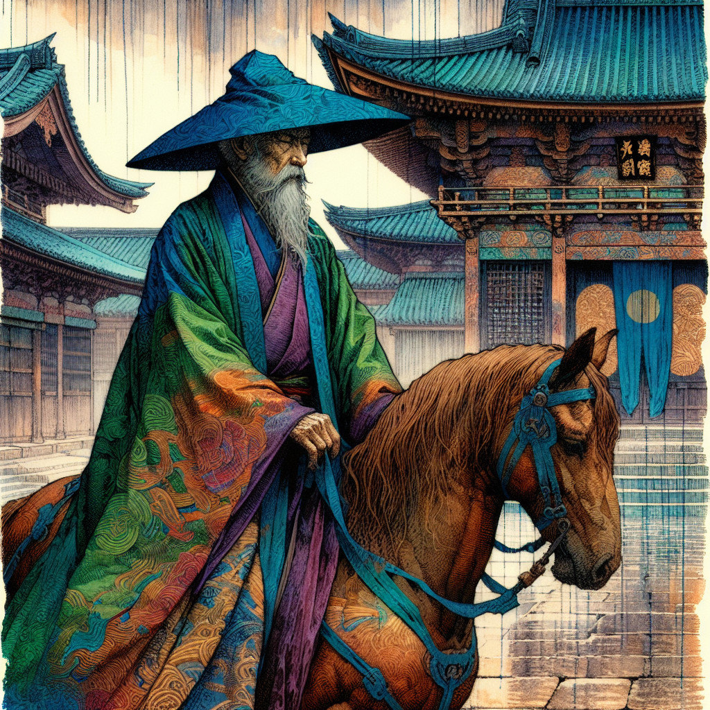 Ancient Serene Scene with Wise Figure on Horse