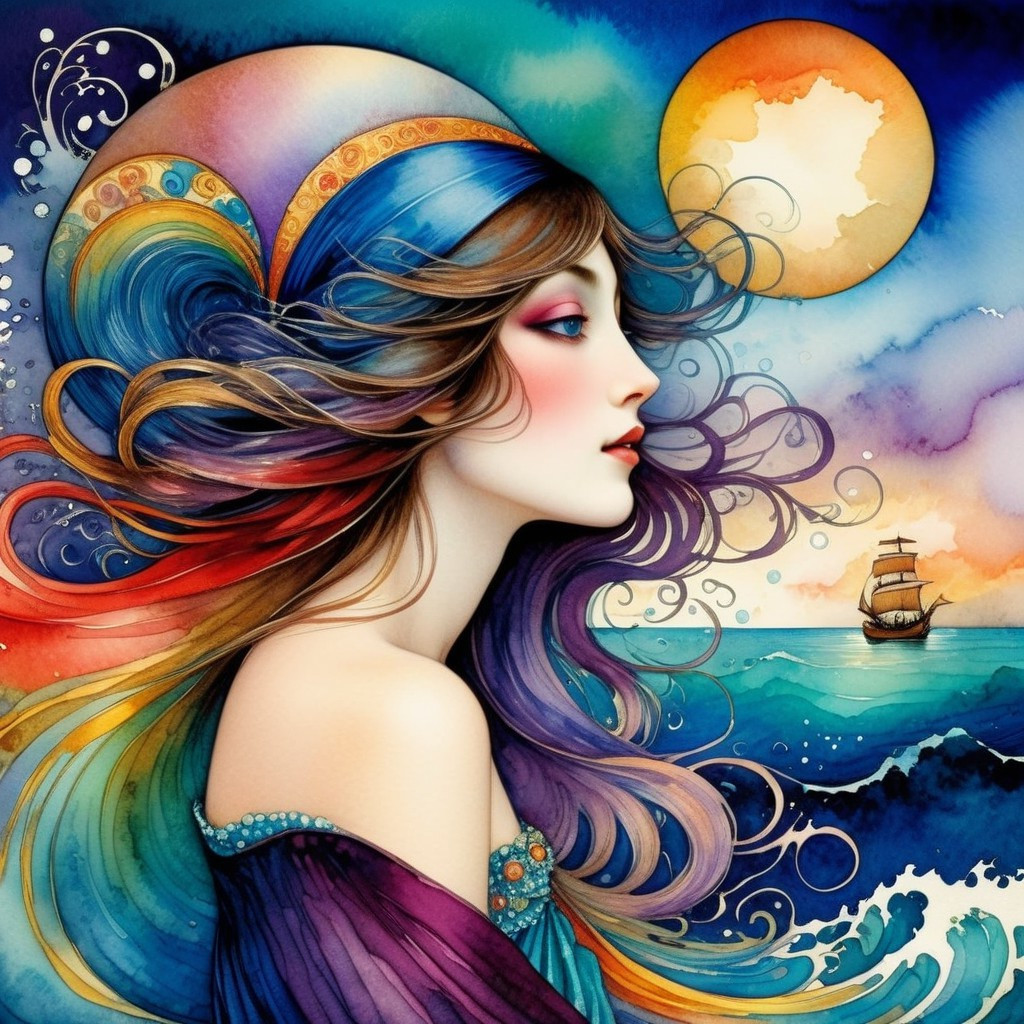 Colorful Ethereal Woman in Dreamy Watercolor Scene