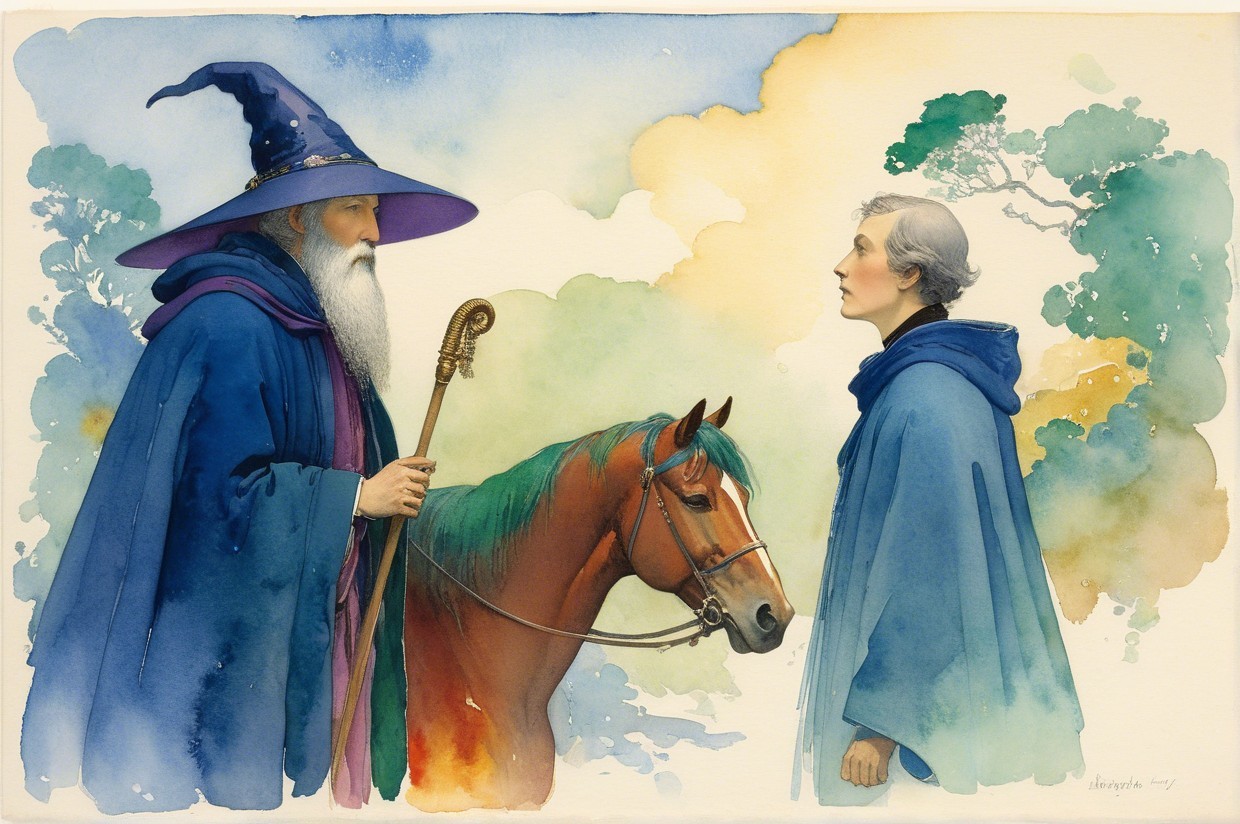 Wizard in Blue Robe with Horse and Cloaked Woman