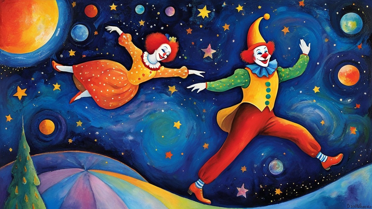 Clowns Dancing in a Colorful Celestial Night Sky