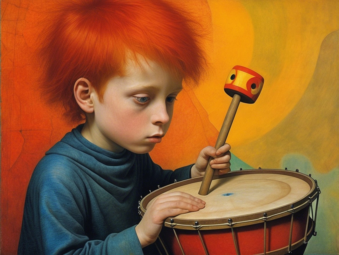 Young boy with red hair playing a small drum