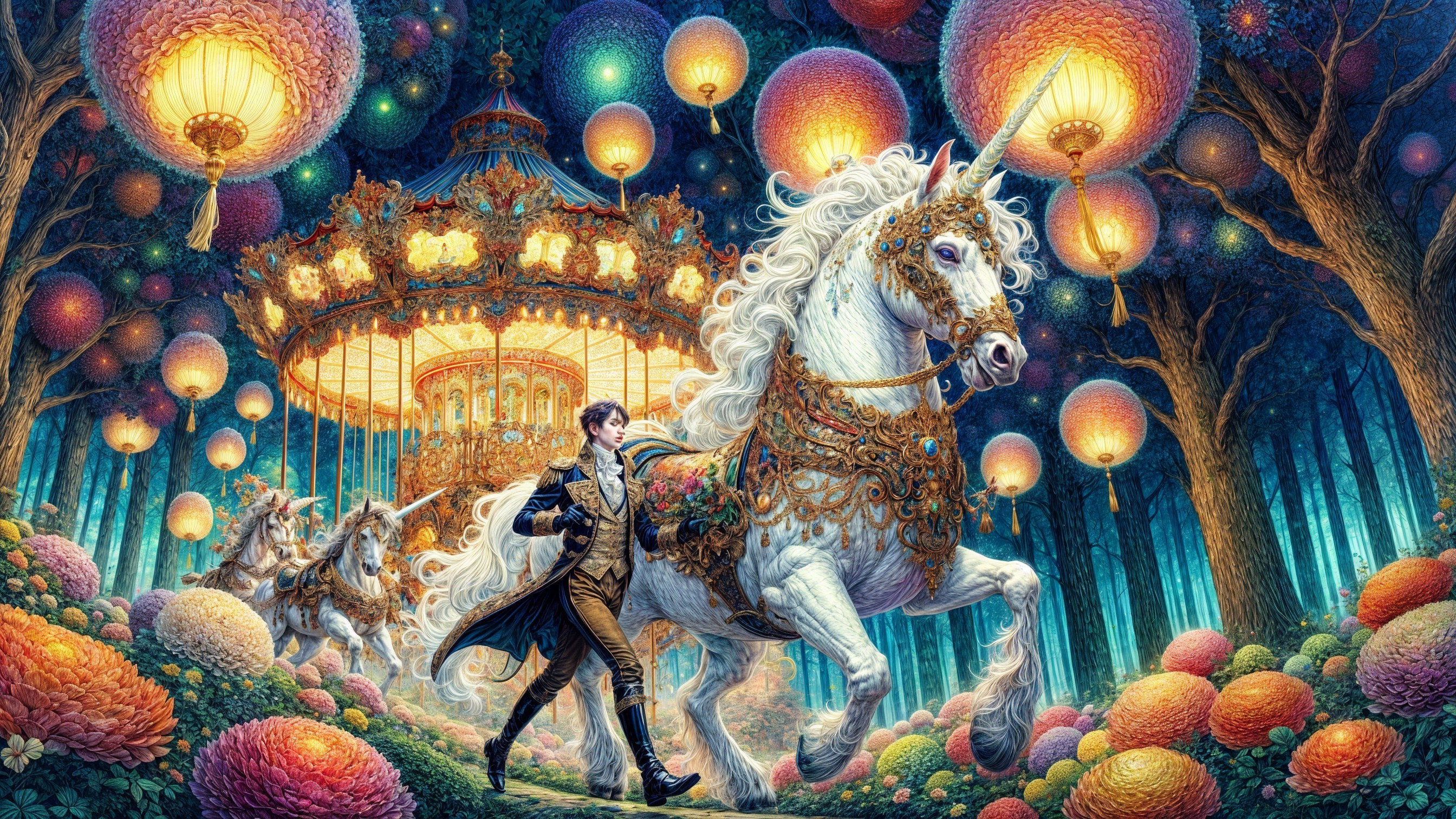 Whimsical Forest Scene with Carousel and White Horse