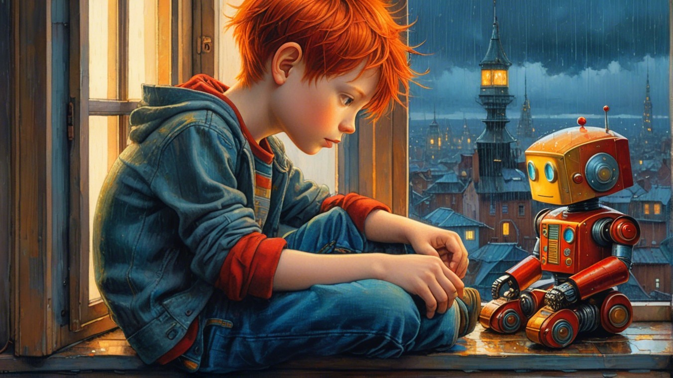 Young boy with red hair by window with robot toy