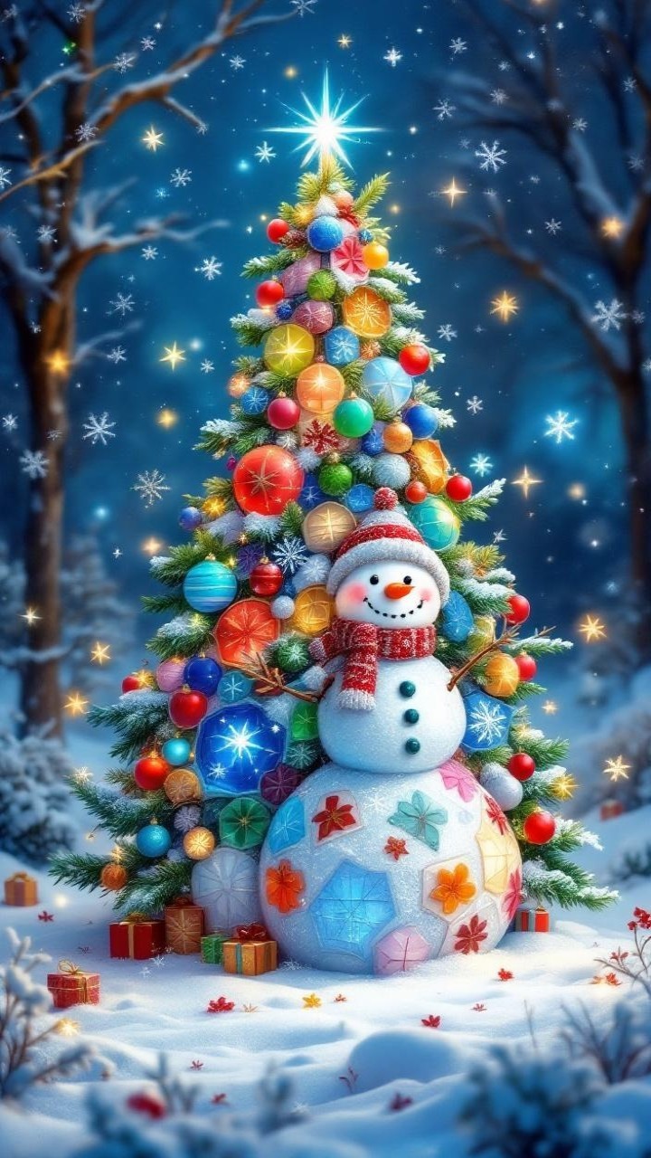 Cheerful Snowman and Decorated Christmas Tree Scene