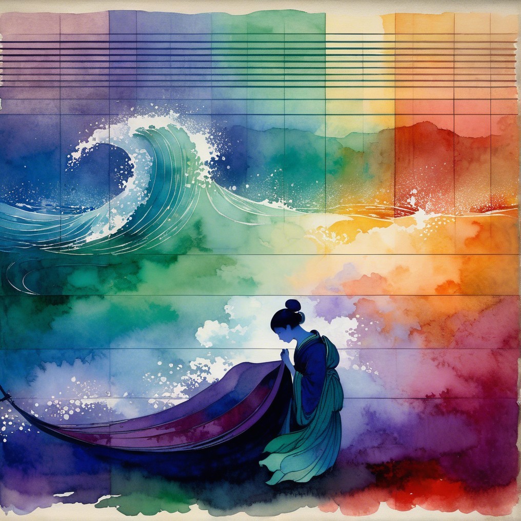 Ethereal Watercolor Scene with Waves and Gradient Sky
