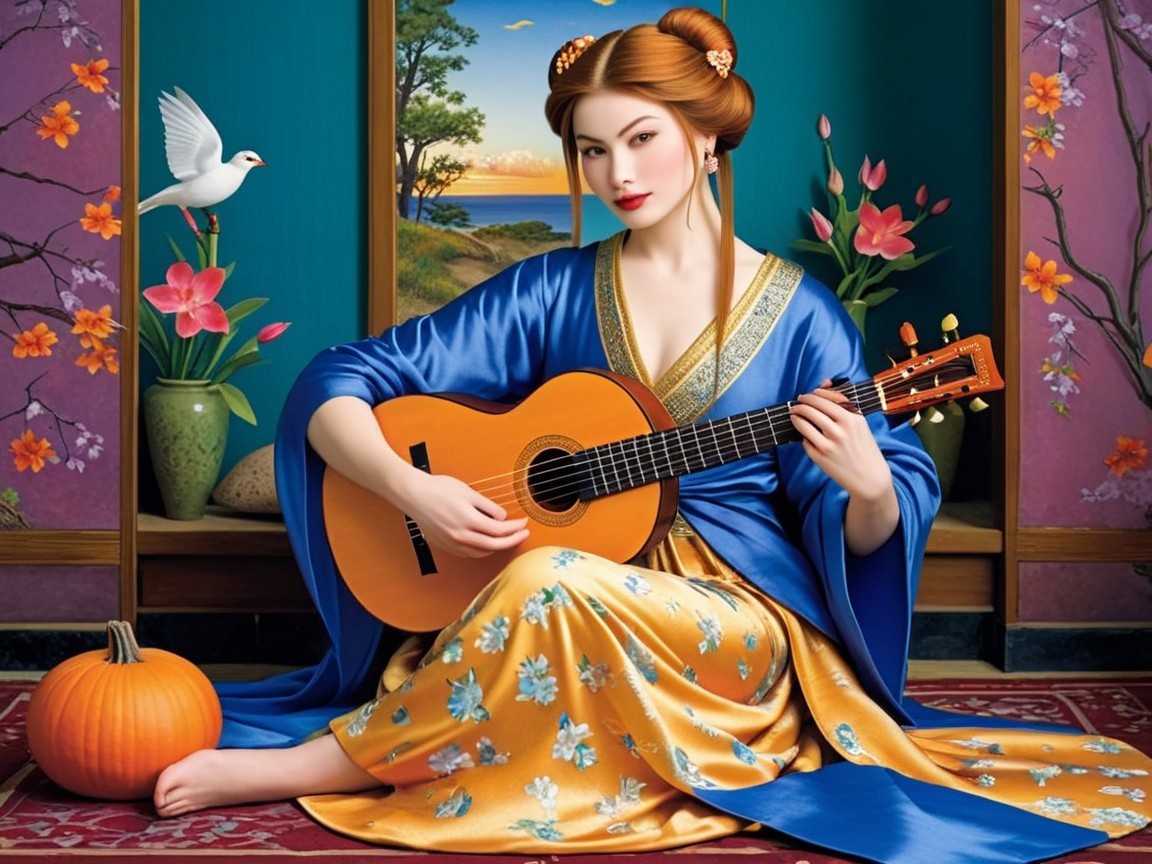 Serene Woman in Blue Kimono with Guitar and Dove
