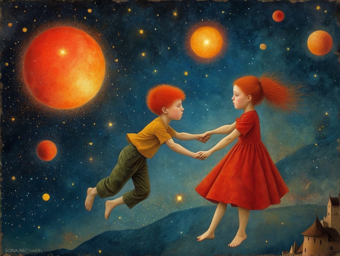 Children with red hair dancing in a starry sky