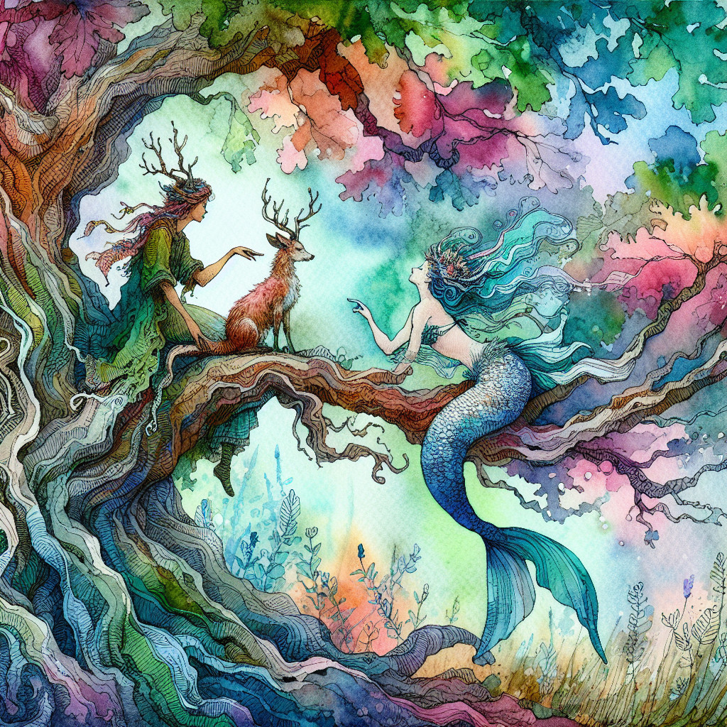 Mermaid and Deer in a Whimsical Fantasy Scene