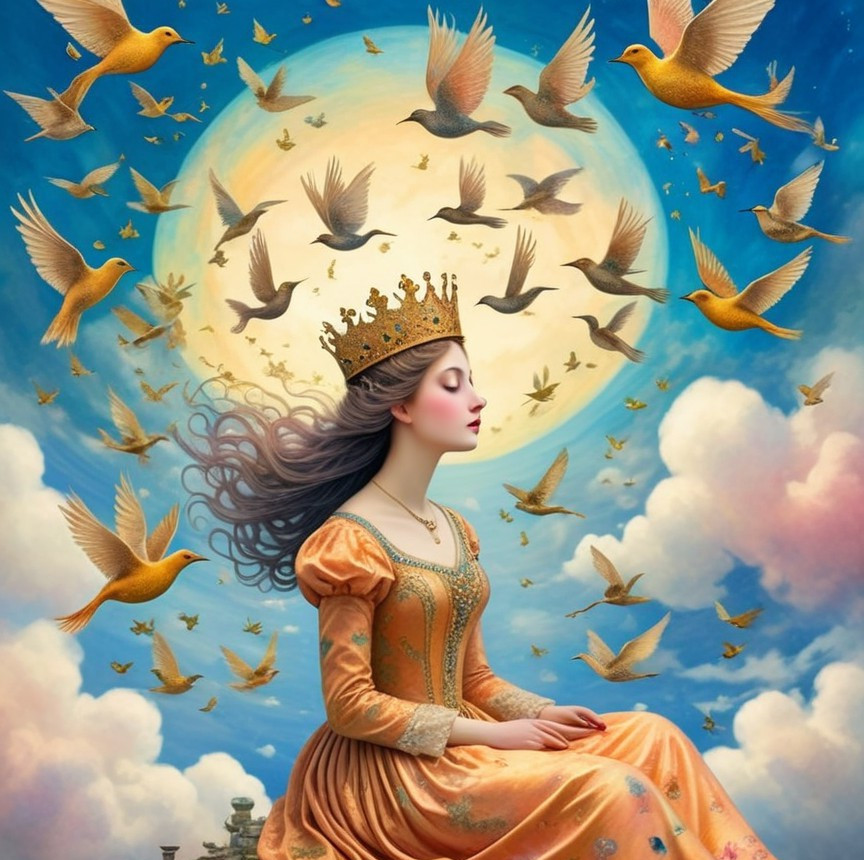 Princess in Orange Gown Surrounded by Golden Birds