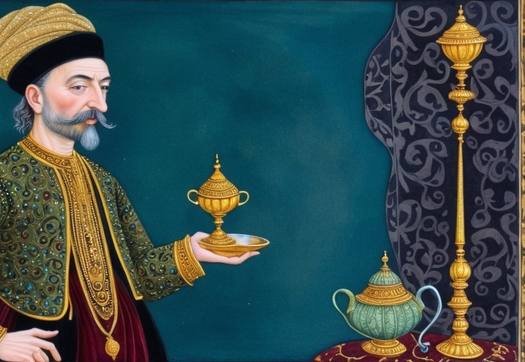 Regal Figure in Ornate Attire with Golden Cup and Plate