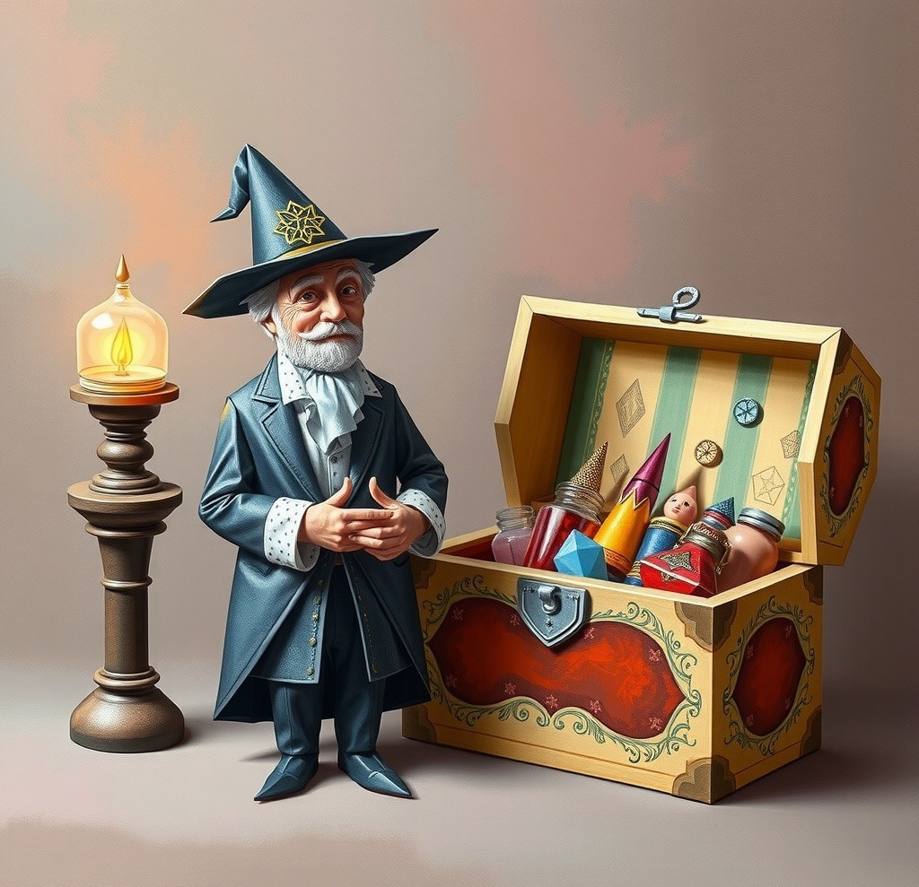 Whimsical Wizard with Glowing Lamp and Treasure Chest