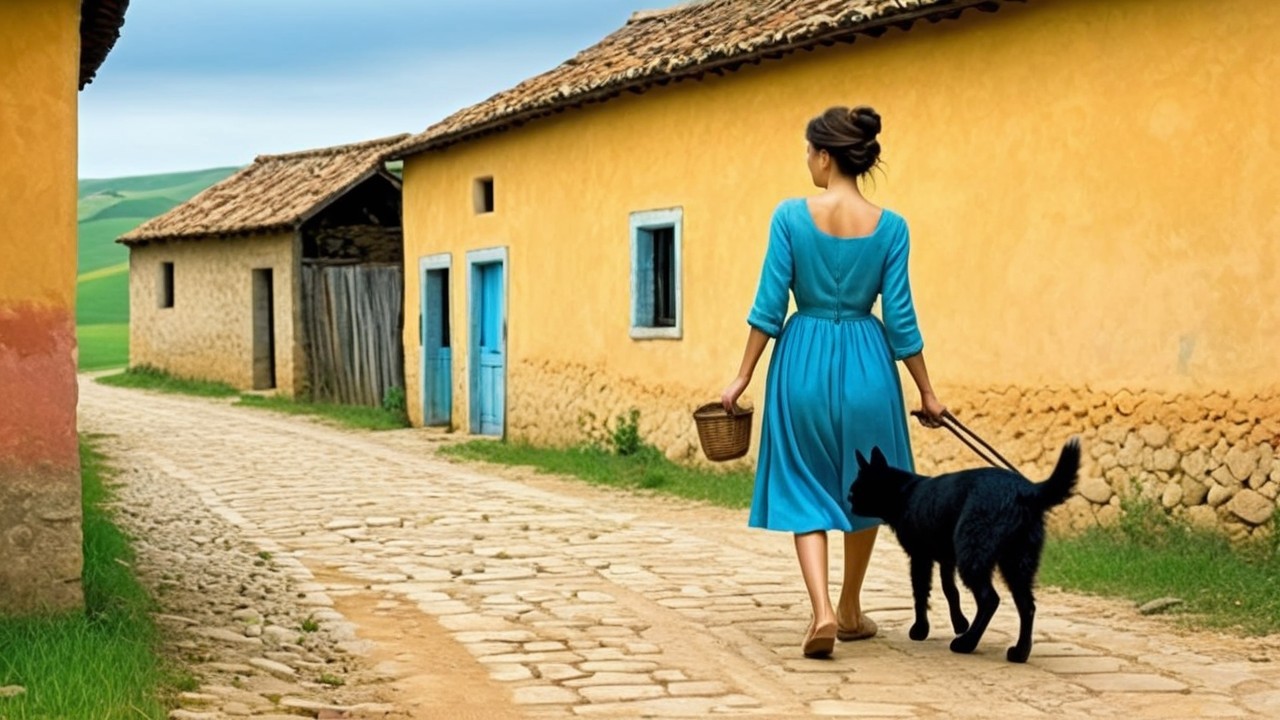 Woman in light blue dress walks village path with dog