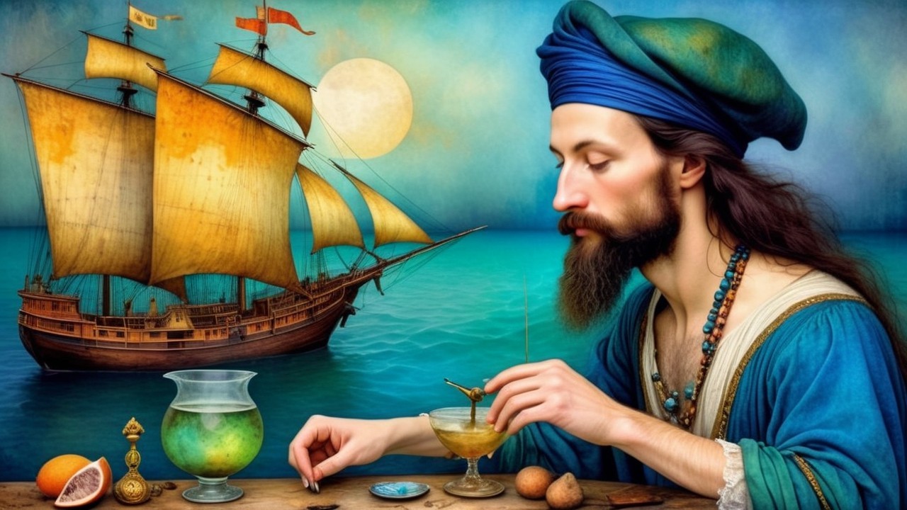 Contemplative Man in Period Attire with Sailing Ship