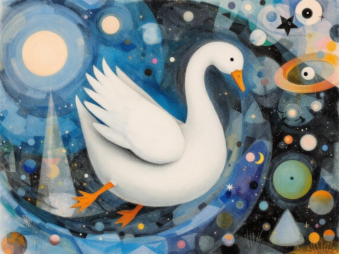 Whimsical Illustration of a Goose in Cosmic Landscape