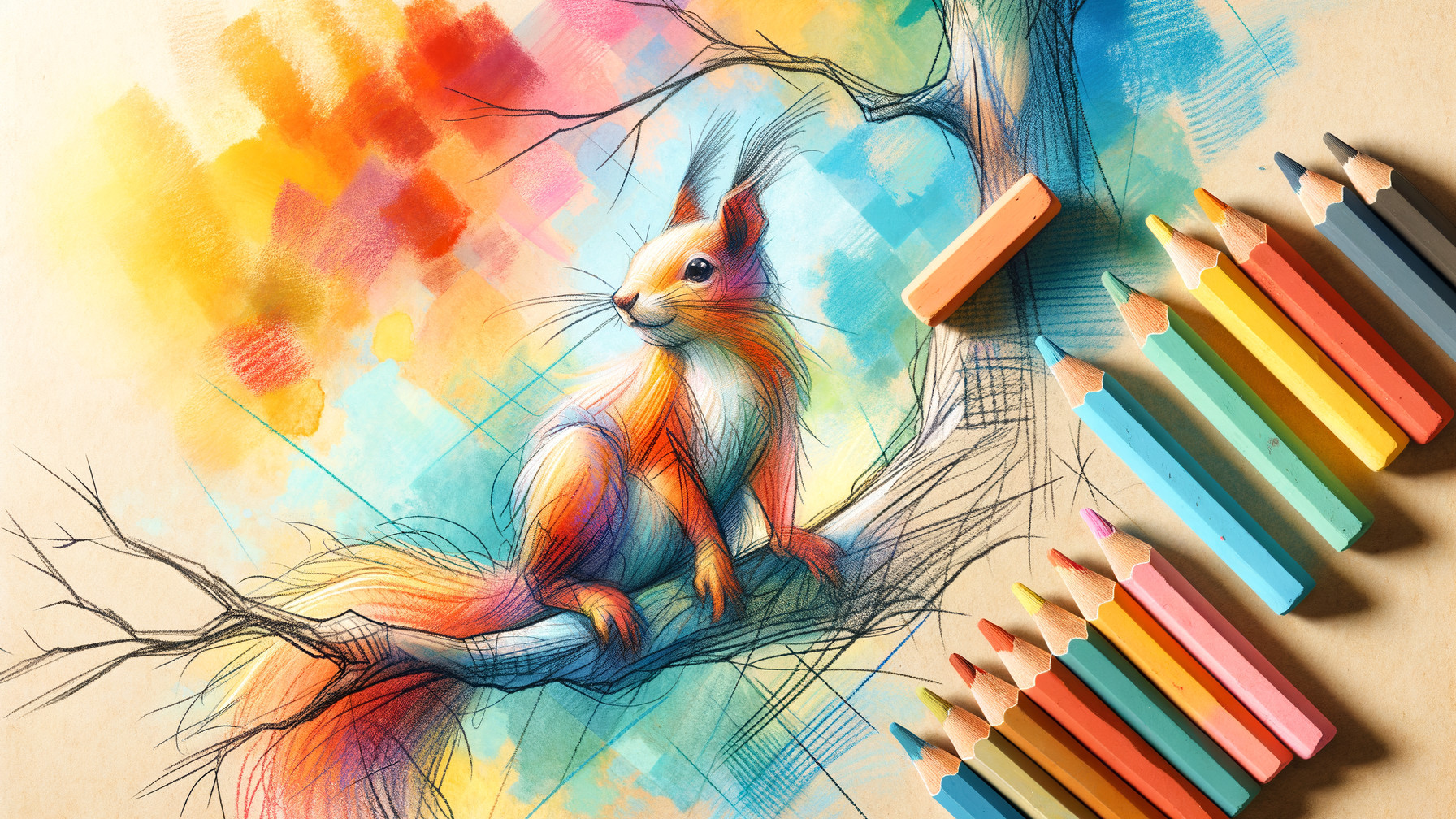 Vibrant Squirrel Drawing with Colorful Background