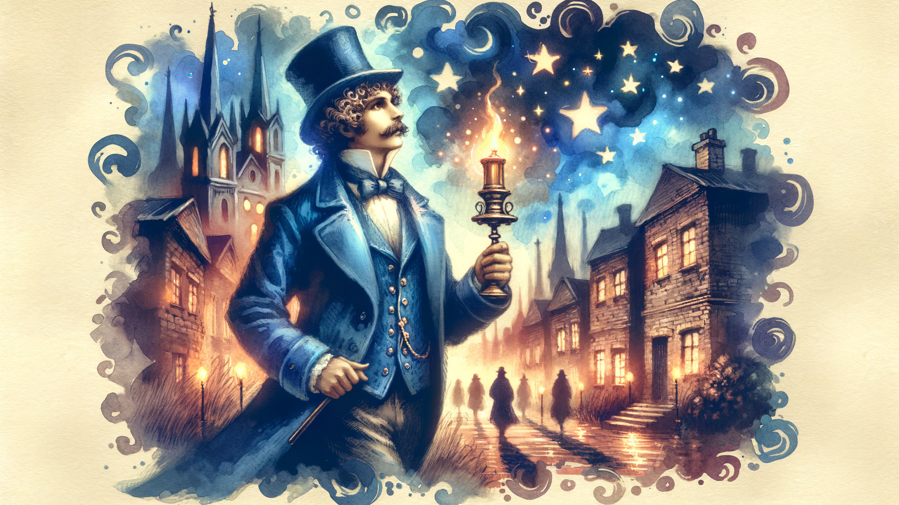 Vintage Night Scene with Man, Lantern, and Stars